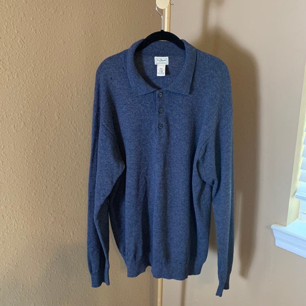 Vintage L.L.Bean Lambswool Sweater Men’s XL Blue Polo Collar Hong Kong Read